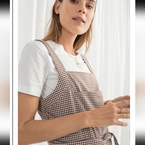 & Other Stories Belted Micro Gingham Houndstooth Overalls Brown S 4 Square Neck - Picture 2 of 14